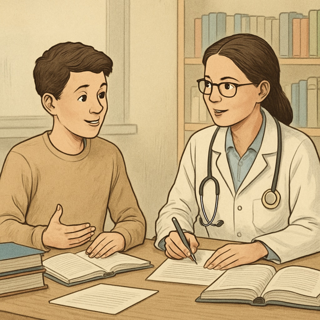 A student discussing medical career paths with a doctor, representing physician interviews and career surveys.