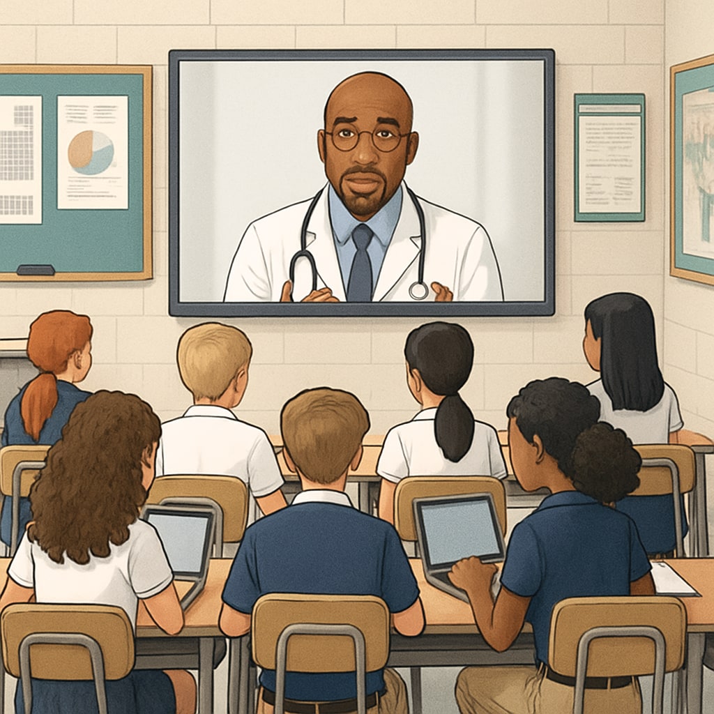 Students conducting a virtual interview with a doctor to explore medical careers.