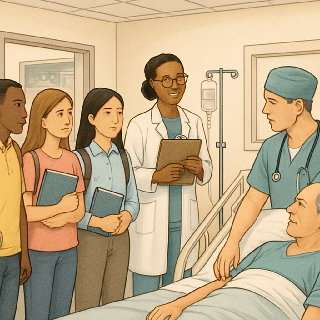 Students exploring hospital settings during a medical career program.