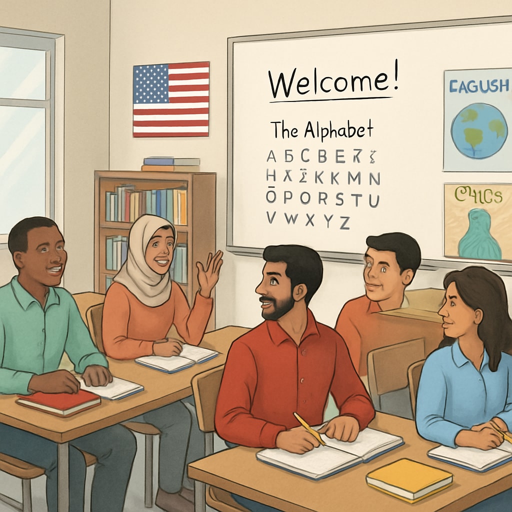 Adult immigrants learning language and cultural norms in a classroom setting.