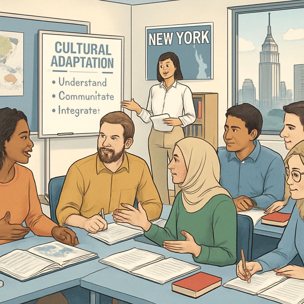 Adult students in a New York workshop learning about cultural adaptation.