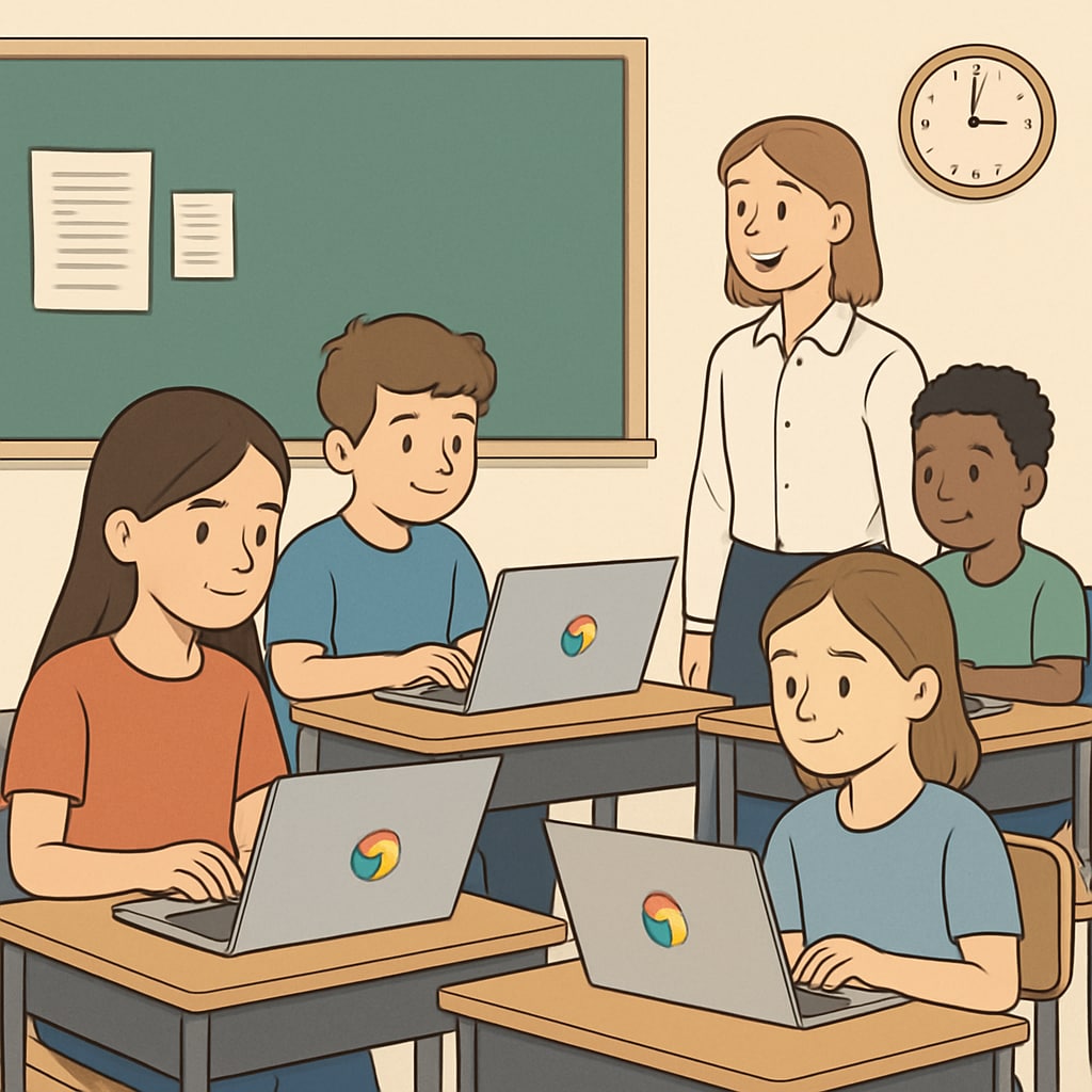 A classroom with students using Chromebooks, showcasing the efficiency of modern EdTech tools in streamlining learning processes. Students using Chromebooks in a classroom to enhance learning efficiency.