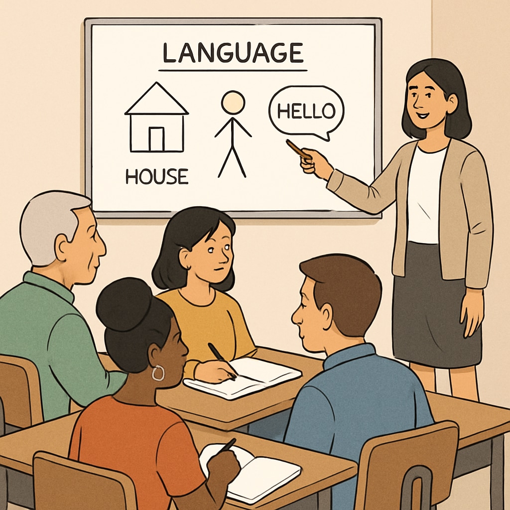 Adult learners practicing conversational skills in a community language workshop.