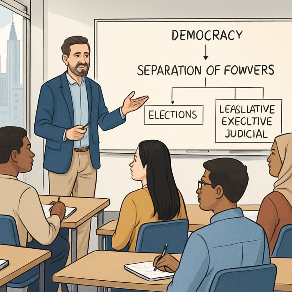 A classroom session on Western political systems for international students.