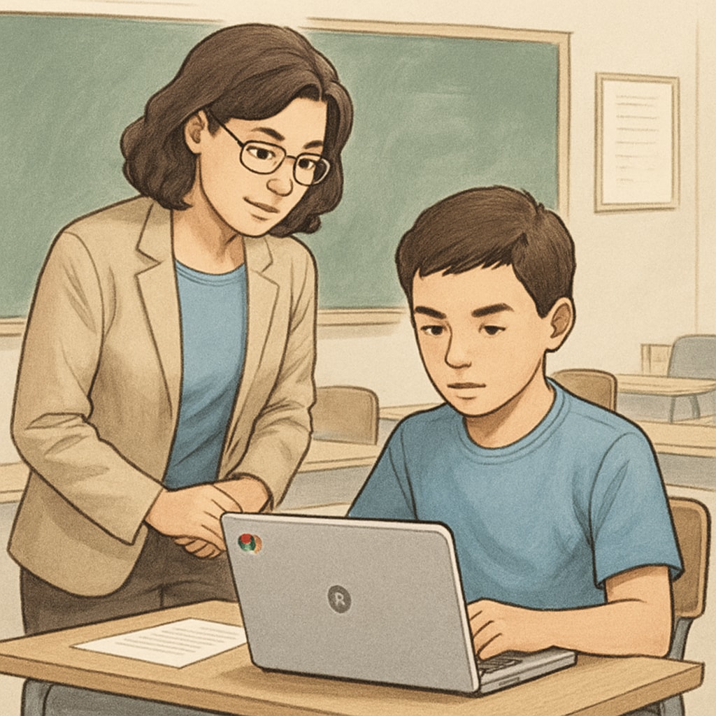 A teacher observing a student working on a Chromebook, reflecting the importance of guided critical thinking practices alongside EdTech use. Teacher guiding a student using a Chromebook to encourage critical thinking.