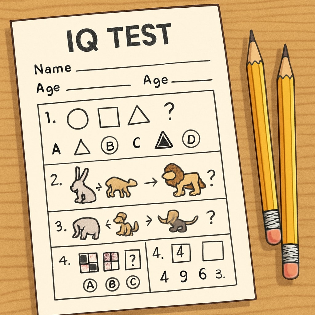 A standardized IQ test sheet with pencils placed on a desk, symbolizing intelligence evaluation for children. Standardized IQ test for gifted children intelligence evaluation