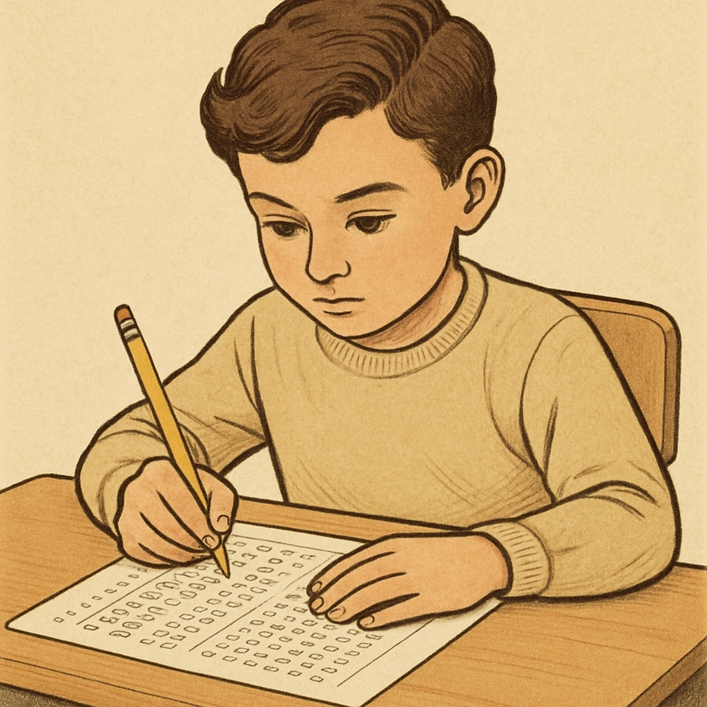 A child taking a standardized test, sitting at a desk with a pencil in hand, representing intelligence and talent assessments. A child taking a standardized test for intelligence and talent assessment.