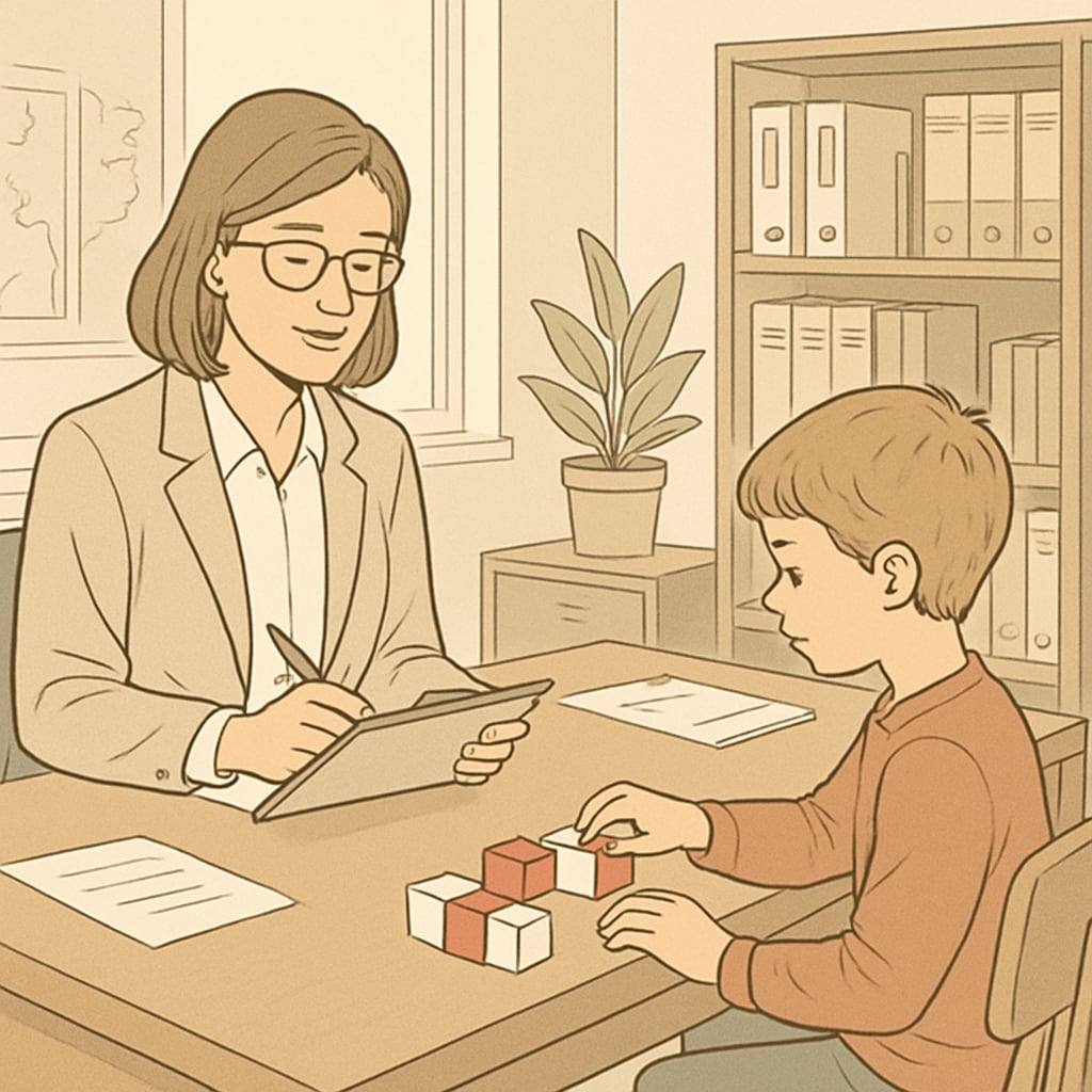 A psychologist administering a cognitive test to a child in a well-lit office setting. Child undergoing intelligence testing with a psychologist