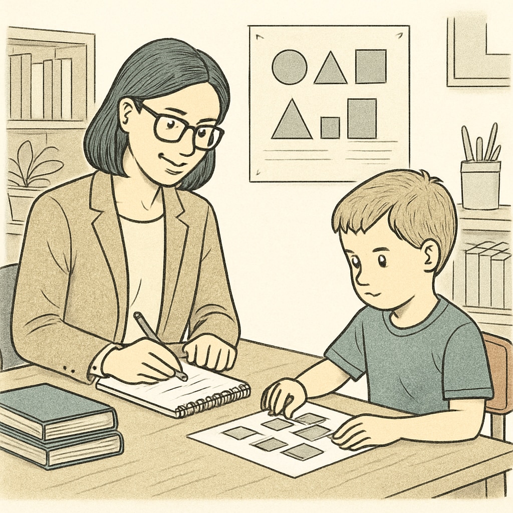 A psychologist or educator working one-on-one with a child during an intelligence assessment, illustrating personalized testing. A psychologist administering a one-on-one intelligence test to a child.