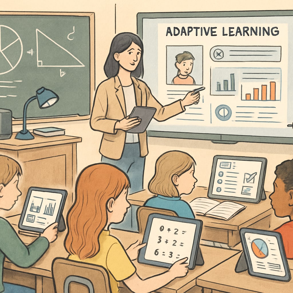 A classroom equipped with AI-powered adaptive learning tools, illustrating personalized education. AI-powered adaptive learning tools in a K12 classroom, representing personalized education trends by 2030.