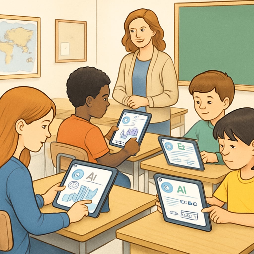 A classroom setting where students are using tablets and an AI-powered learning platform to engage in personalized lessons. Students using an AI-driven educational platform in a modern classroom.