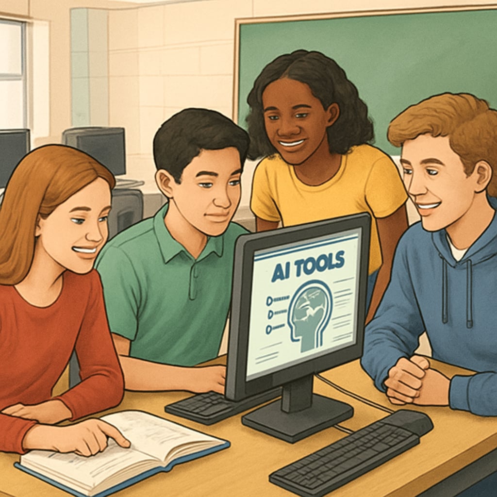 High school students collaborating on a project while using AI tools in a computer lab. Students using AI tools to enhance media literacy and critical thinking.