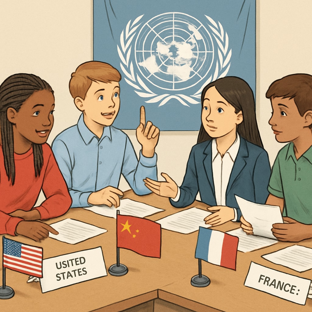 A group of K12 students participating in a Model United Nations conference, symbolizing global education and cultural awareness. K12 students at a Model United Nations conference discussing global issues.