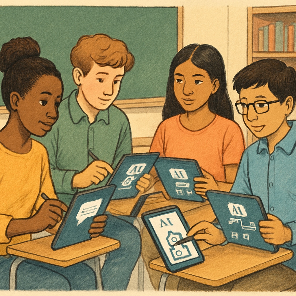 A diverse group of students engaging with AI tools on tablets, symbolizing inclusive learning opportunities. Students using AI-powered tablets to access inclusive and personalized education.