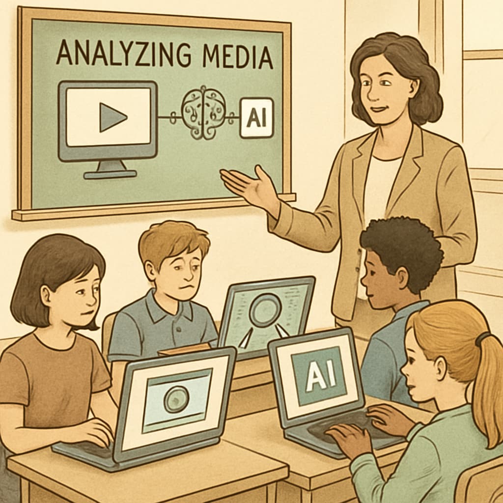 A teacher guiding students in analyzing media content using AI-powered tools on their laptops. Teacher using AI tools to teach media literacy in a high school classroom.