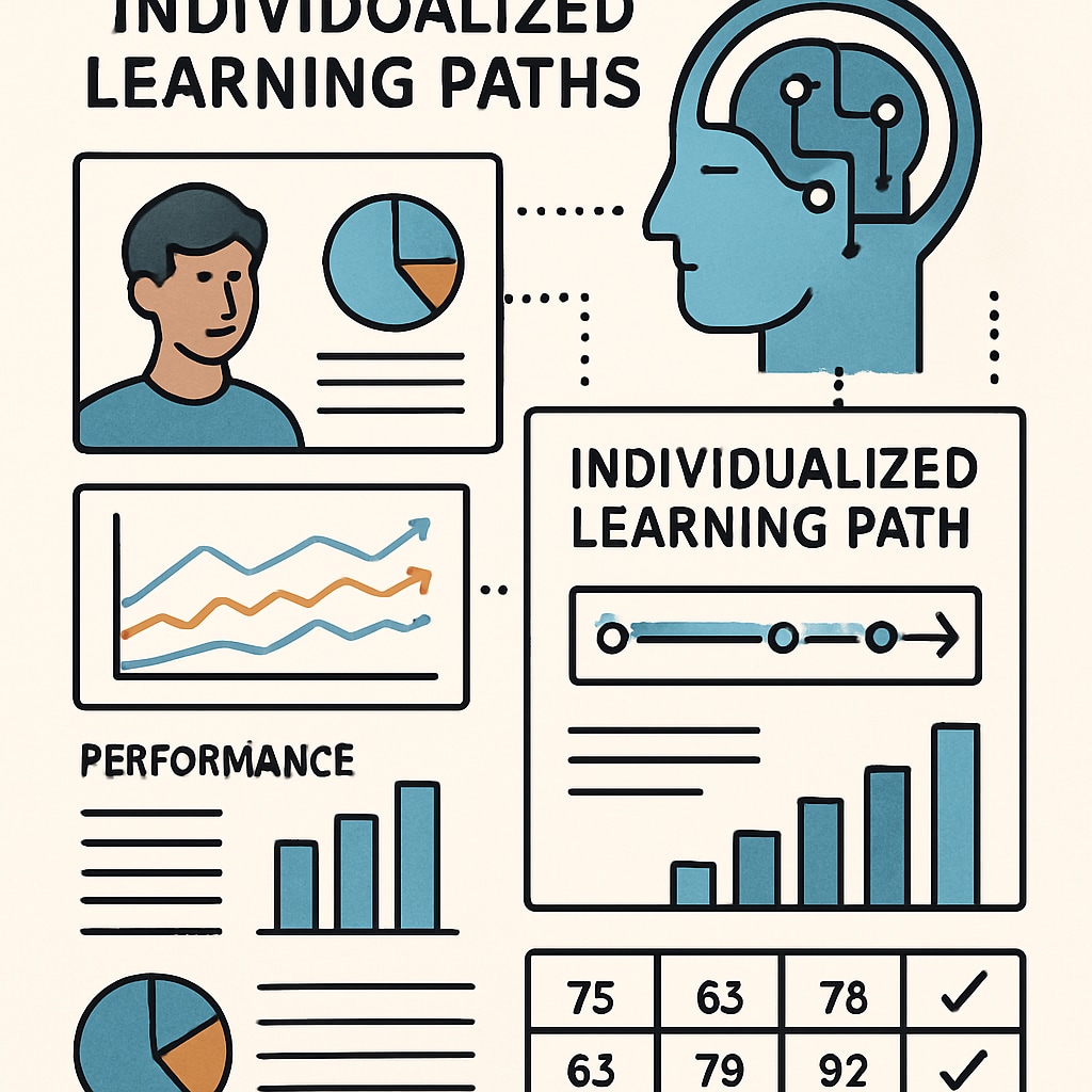 A visual representation of AI analyzing student data to create individualized learning paths, with charts and performance metrics displayed. AI analyzing student data for personalized learning paths.