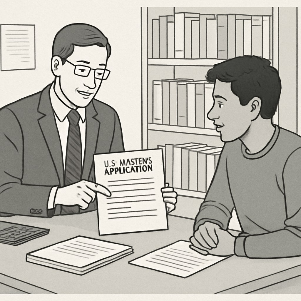 A consultant reviewing application materials with a student, symbolizing professional guidance for U.S. master's applications. Consultant helping a student prepare for U.S. master's program applications.