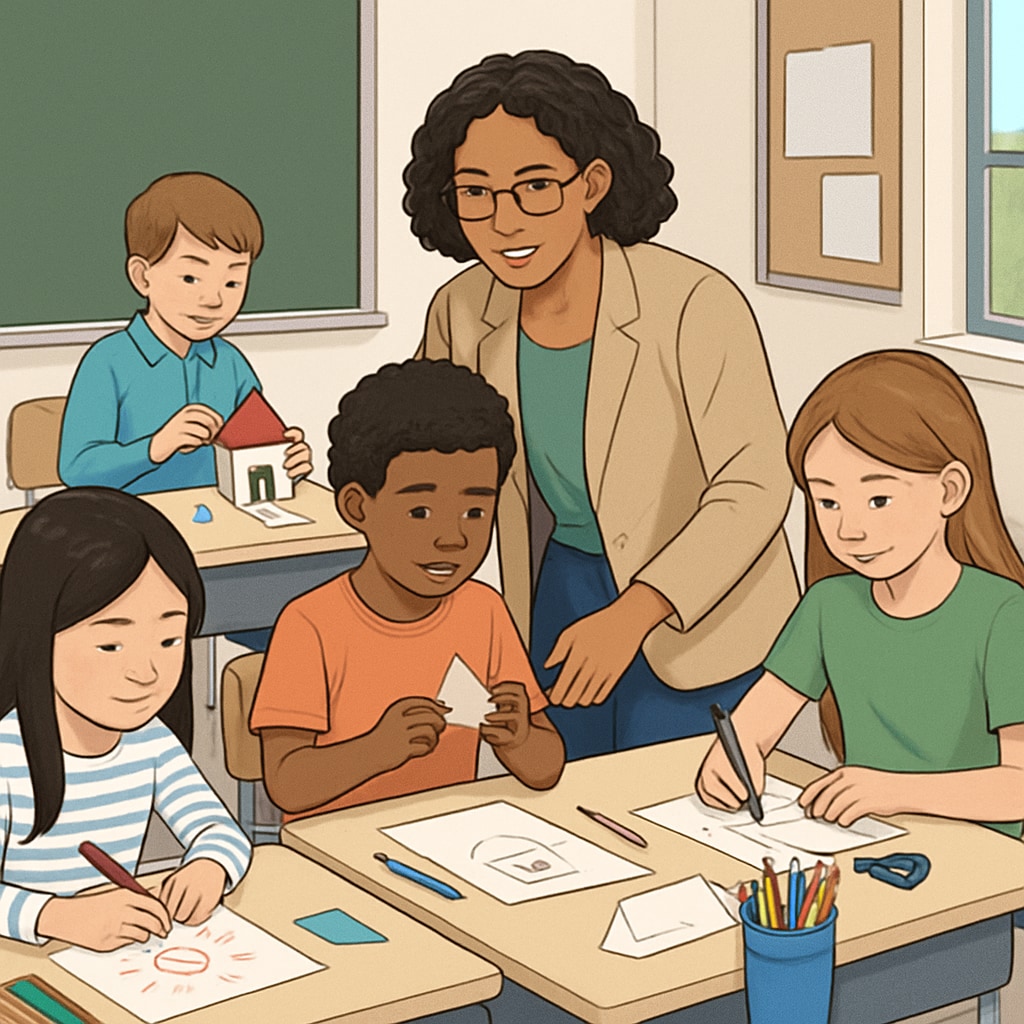 Teacher helping diverse students in a classroom, emphasizing inclusive gifted education.