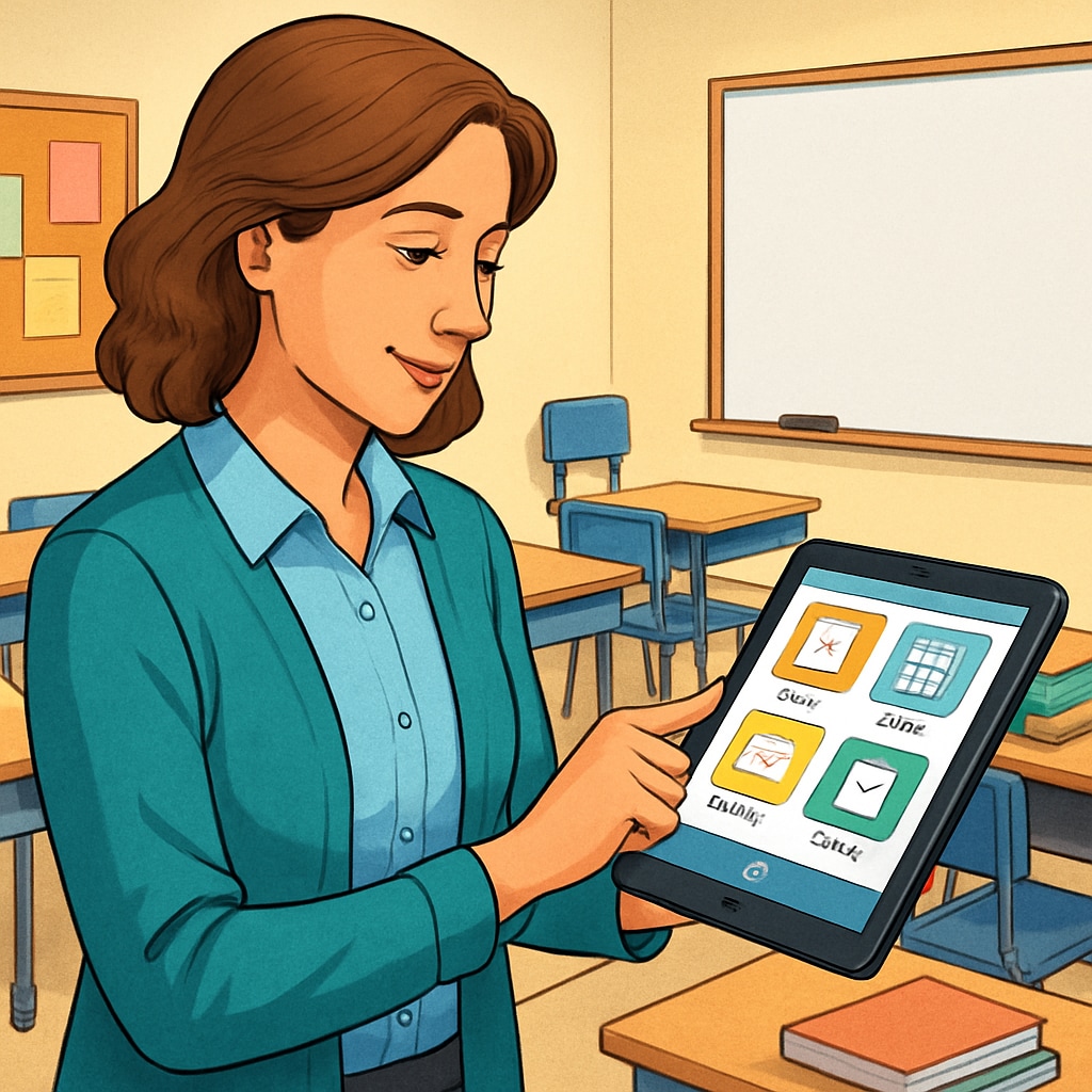 A teacher using an educational app on a tablet to manage classroom tasks. Teacher utilizing educational tools for classroom management.