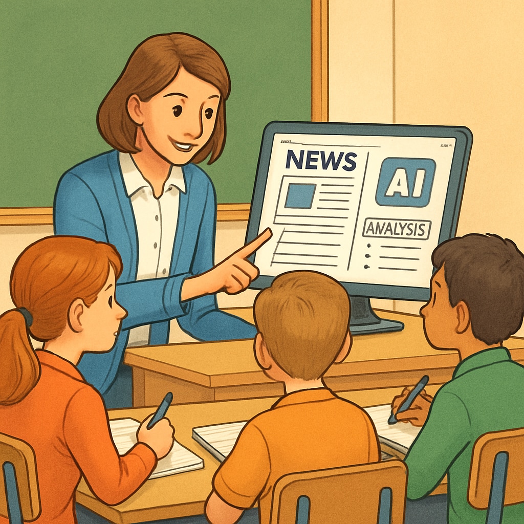 A teacher using an AI-powered tool to guide students in analyzing a news article. Teacher using an AI tool with students to enhance media literacy.