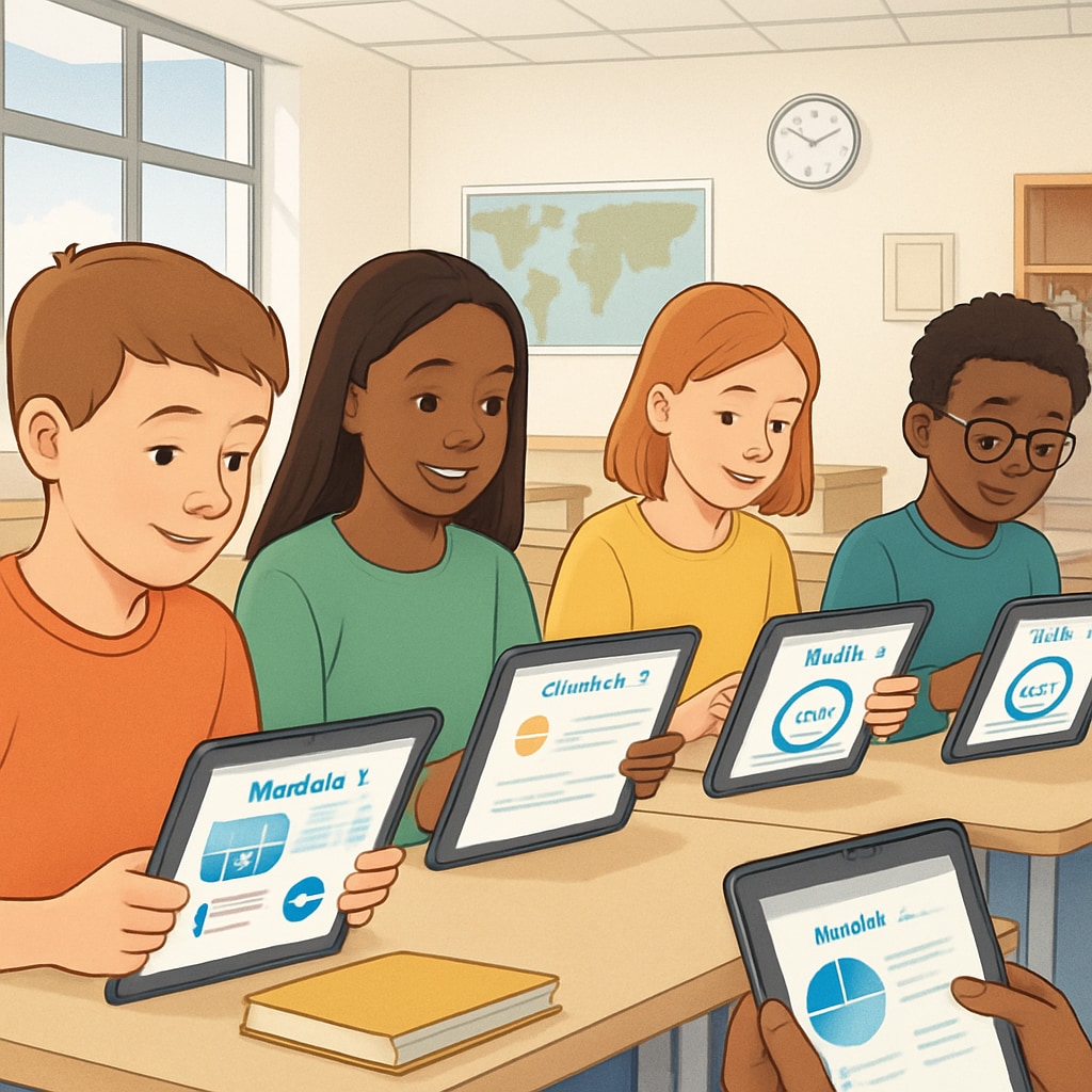 Students engaging with personalized learning modules on tablets in a classroom setting. Students using smart educational apps for personalized learning.