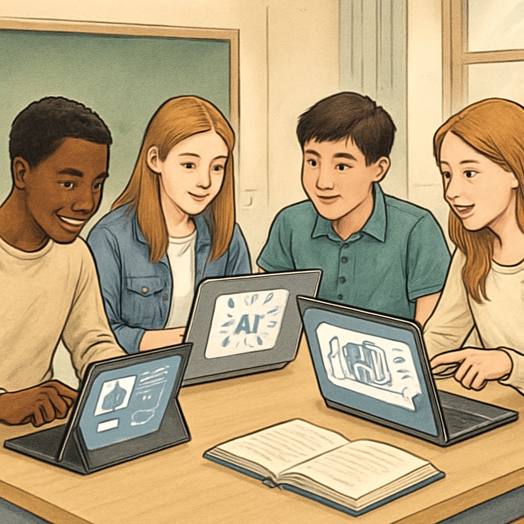 High school students collaborating on a group project using AI tools. Students working together on a media literacy project using AI tools.
