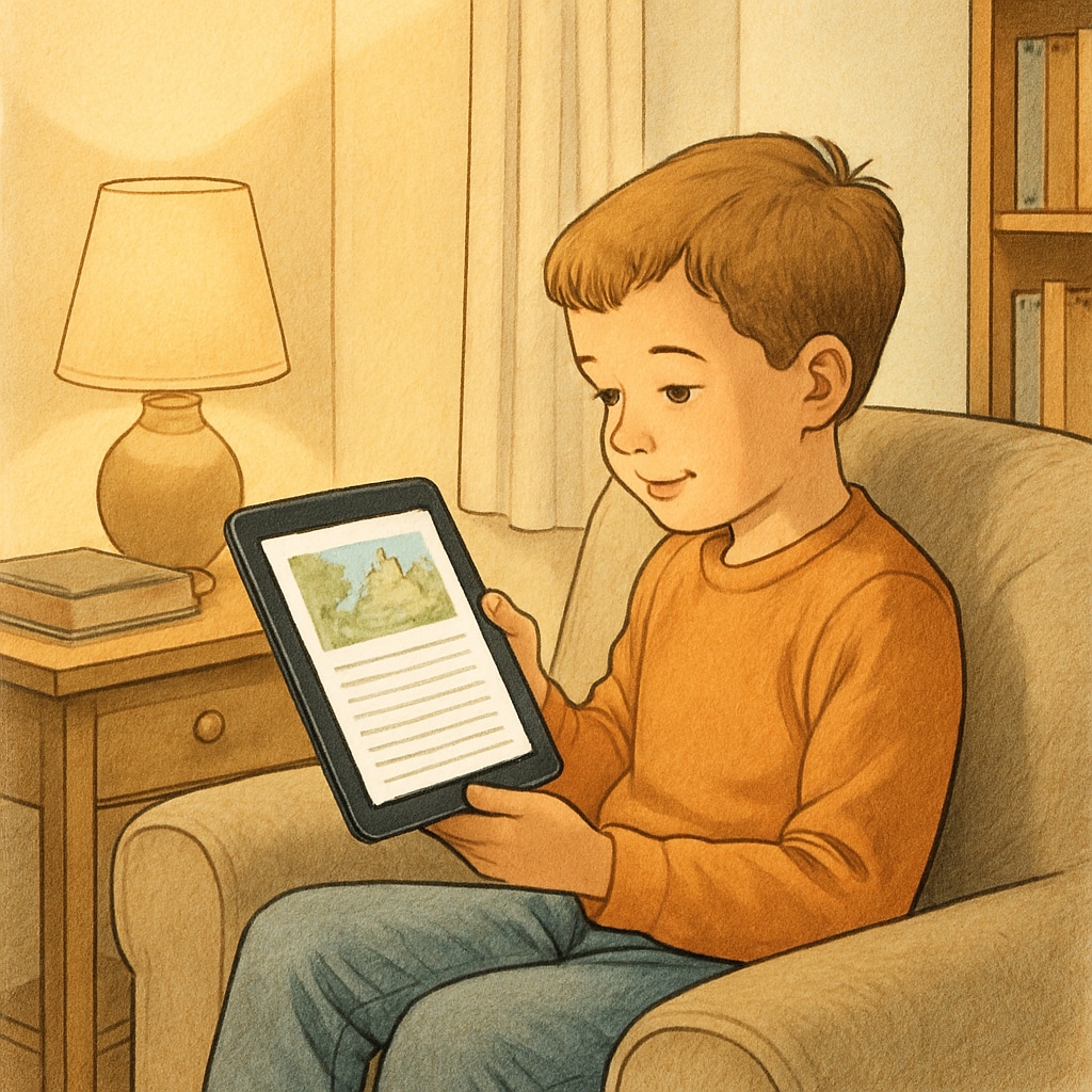 Child reading a storybook on a tablet using a children's reading app
