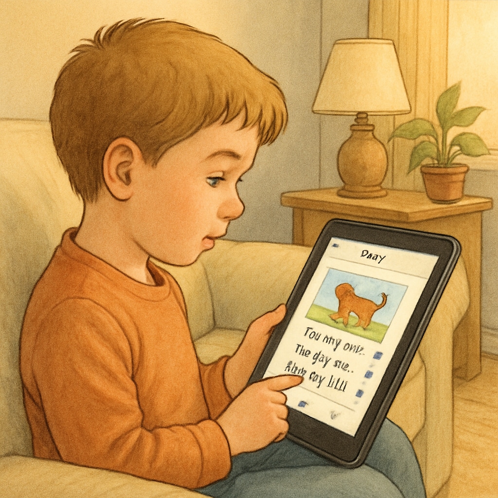Child using a children’s reading app on an Android device.