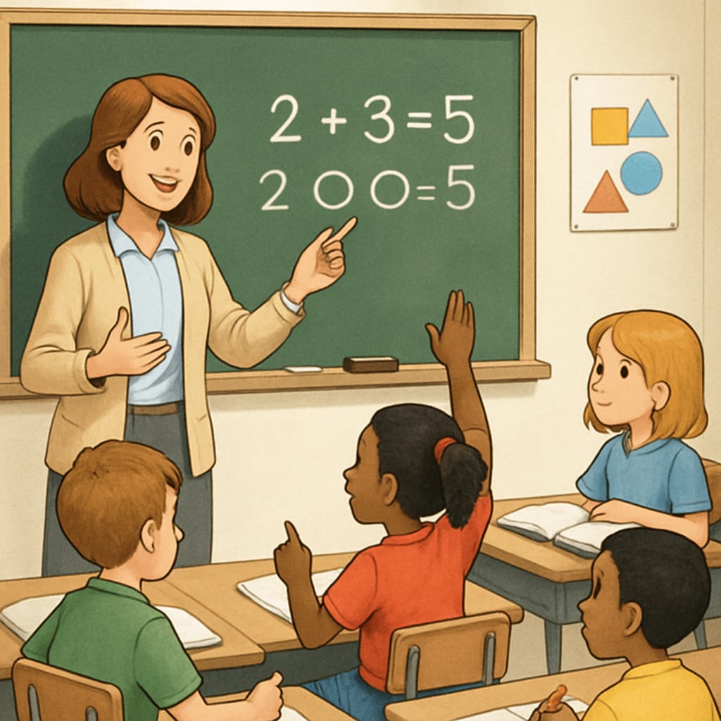 A teacher explaining math concepts to students in a classroom.