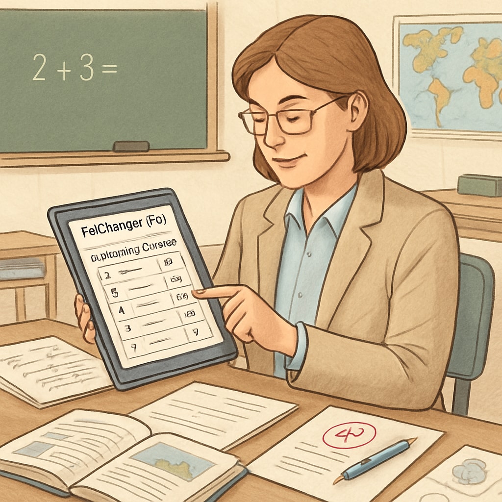 A teacher using EdChanger Pro on a tablet to automate grading in a K12 classroom. Teacher using EdChanger Pro to reduce administrative workload.