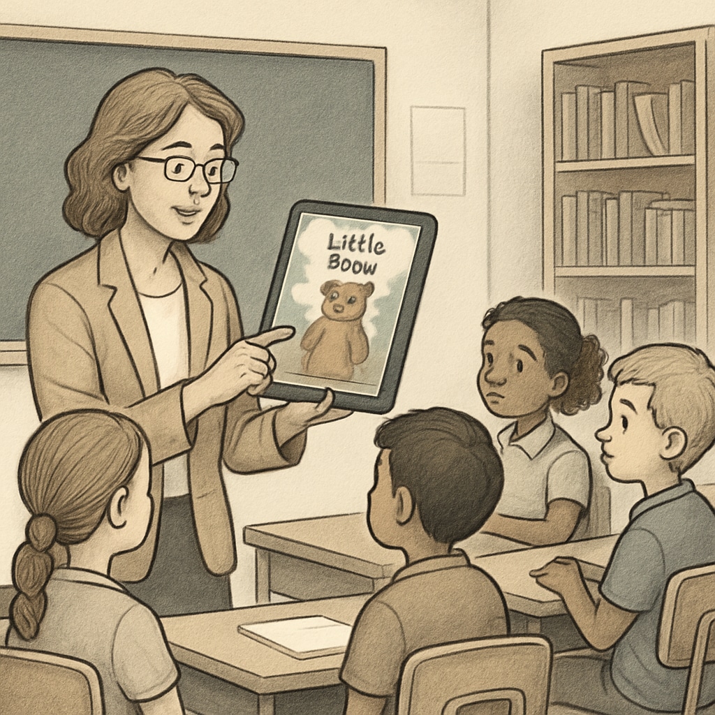 Educator demonstrating a storybook reading app in a classroom to students