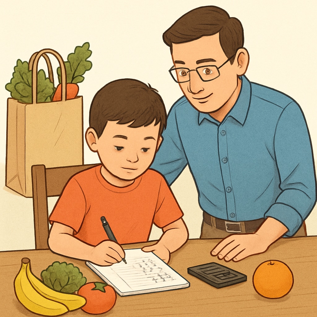 A child using math to calculate grocery costs with parental guidance.