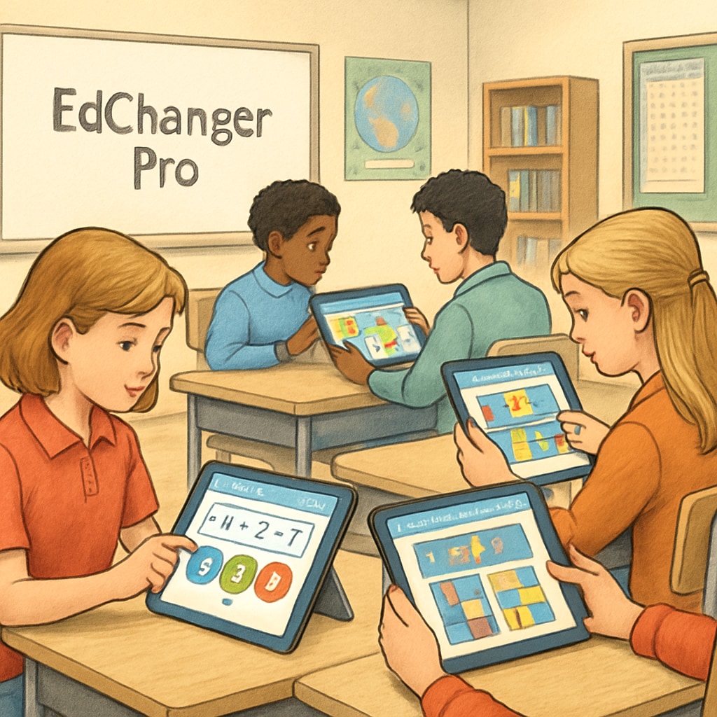Students interacting with gamified lessons on tablets powered by EdChanger Pro. Students engaged with EdChanger Pro gamified learning tools in a classroom.