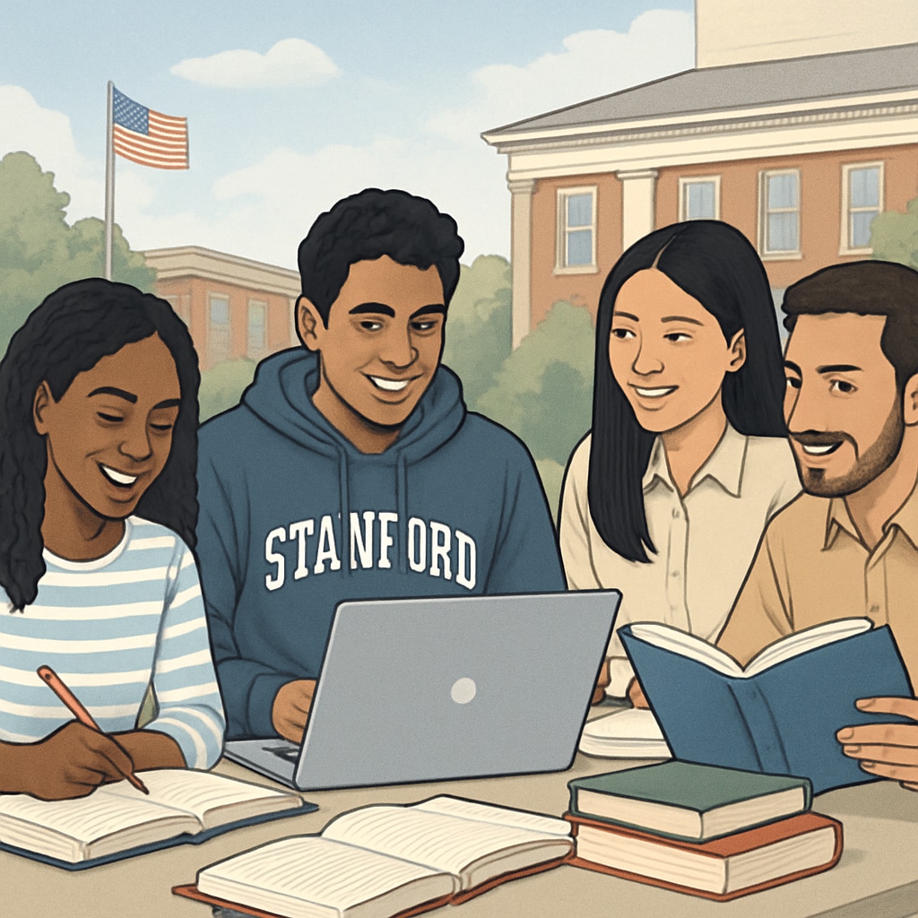 International students on a U.S. university campus discussing coursework.