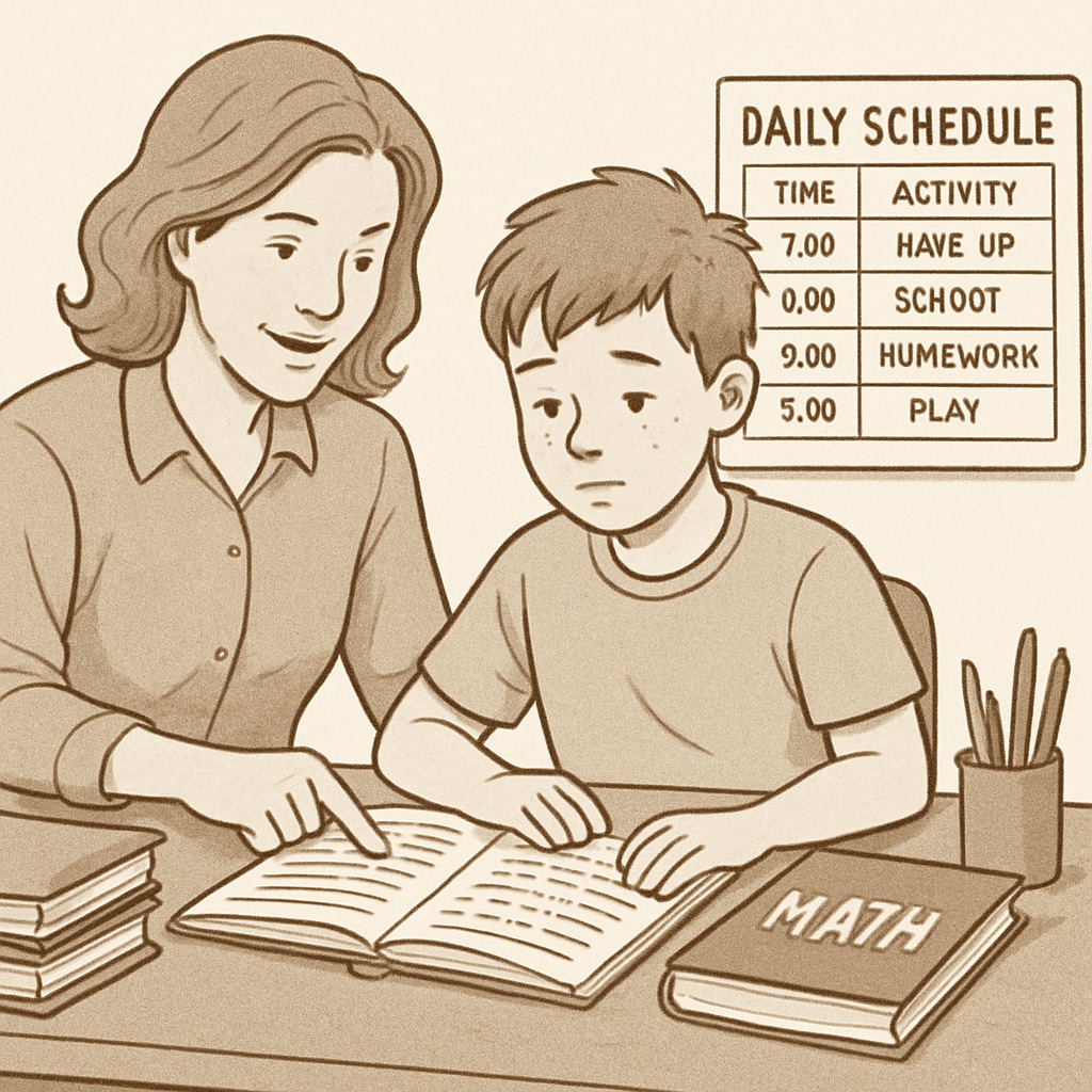 A parent helping their child with ADHD organize school materials and create a daily schedule. The image highlights the importance of structured routines in improving executive function. Parent supporting ADHD child with daily schedule organization and school materials.