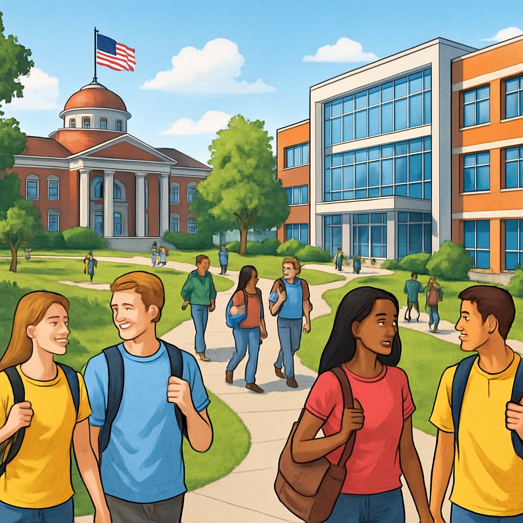 A bustling U.S. university campus with students walking between buildings, representing the dynamic academic environment in the United States. U.S. university campus with students walking between buildings, highlighting the appeal of studying in America.