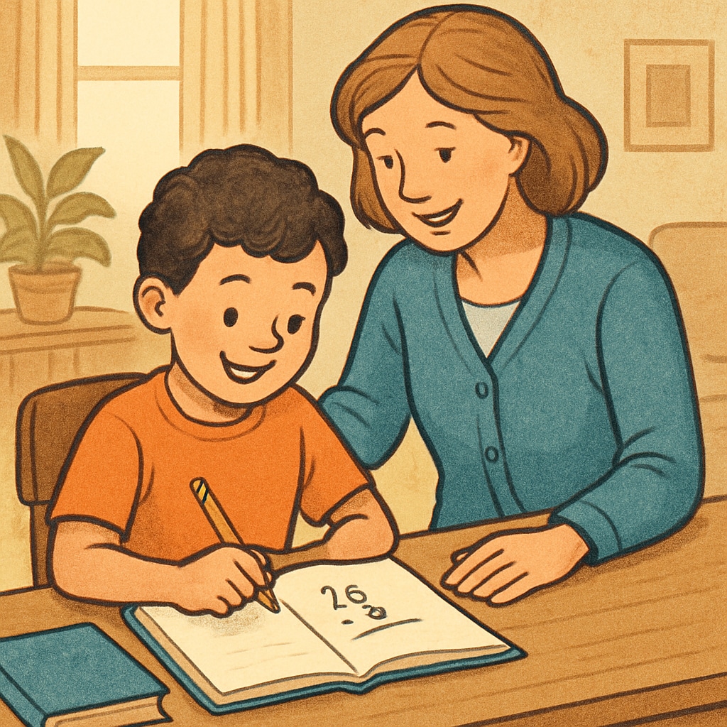 A cheerful child solving a math problem at home with their parent guiding them. Child solving a math problem with parental support, illustrating math education, learning motivation, and education communication.
