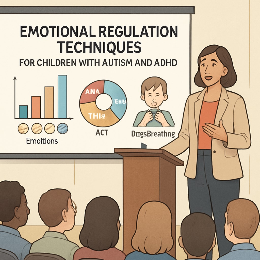 An expert speaker at TEFOS discussing emotional regulation techniques for children with autism and ADHD. The image emphasizes the professional guidance provided during the summit. Expert speaker sharing insights on emotional regulation for autism and ADHD.
