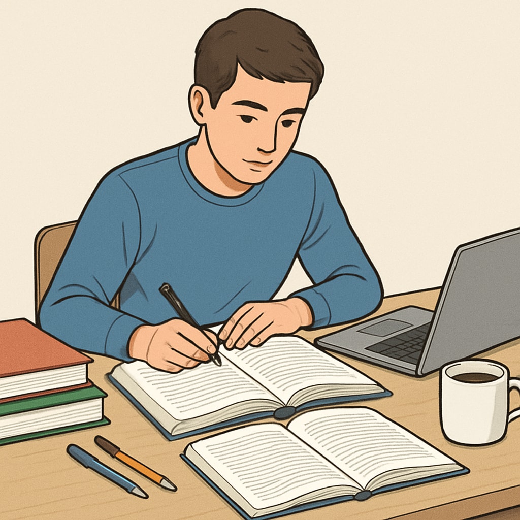 A student studying with textbooks and a laptop, symbolizing preparation for U.S. graduate program applications. A student preparing application materials for U.S. master's degree programs using textbooks and a laptop.