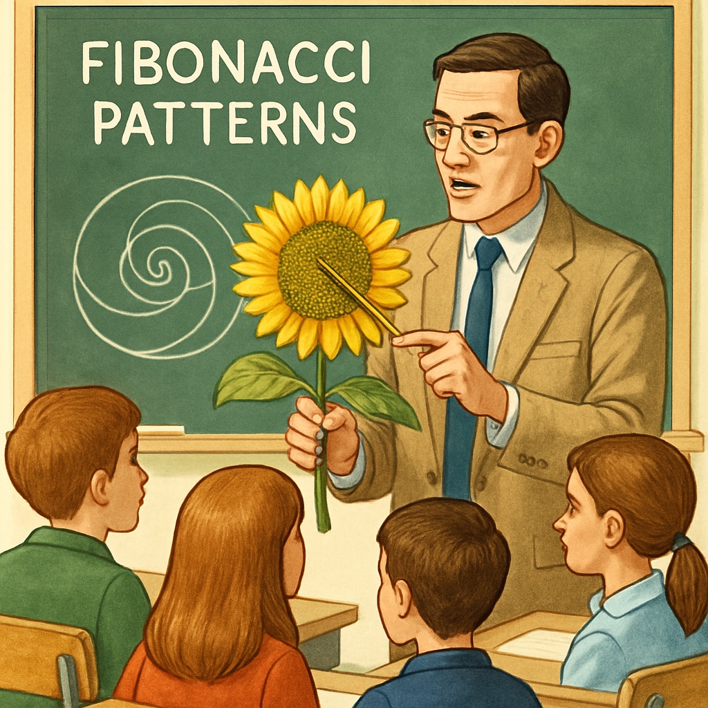 A teacher showing students a sunflower to explain Fibonacci patterns in nature. Teacher using a sunflower to demonstrate Fibonacci patterns, connecting math education to curiosity and nature.