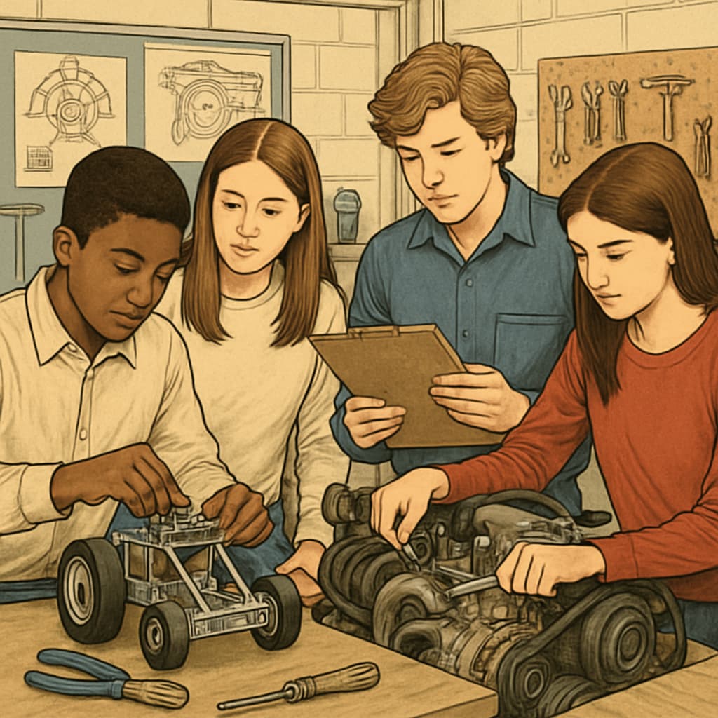 High school students working collaboratively in a technical classroom environment, such as robotics or automotive repair projects. High school students engaged in technical education projects