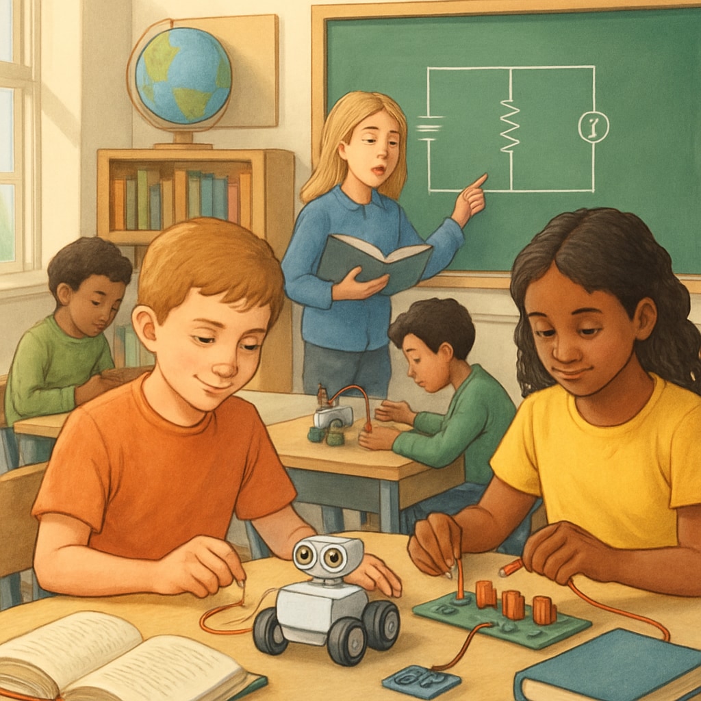 A classroom with students engaged in hands-on technical projects alongside traditional subject learning tools, showcasing integration in K-12 education. Students working in a classroom that combines technical learning and academic subjects.