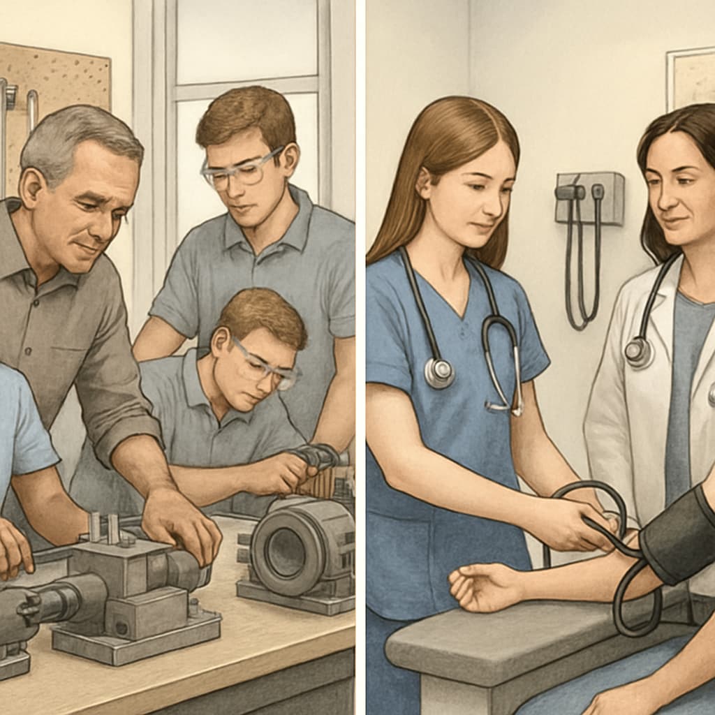 Students participating in a hands-on internship at a local business, potentially in fields like engineering or healthcare. Students in internships gaining hands-on technical experience