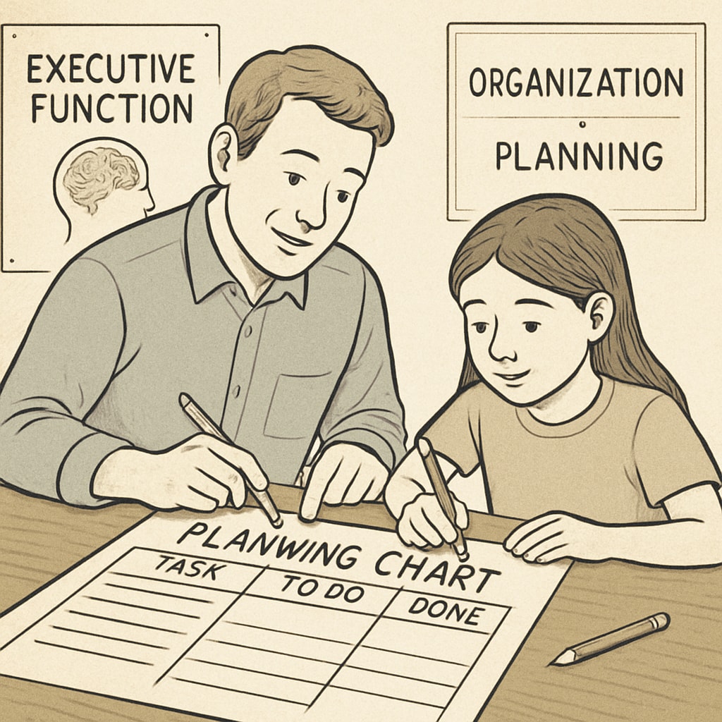 A parent and child working together on a planning chart to develop executive function skills, such as organization and planning. Parent helping a child with a visual planning chart for executive function development.