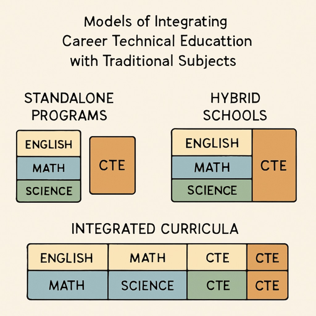 A school district chart displaying three models of integrating Career Technical Education with traditional subjects, highlighting standalone programs, hybrid schools, and integrated curricula. Chart showing different models of integrating Career Technical Education with traditional subjects.