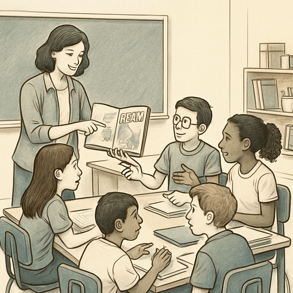 A teacher guiding students through a ReZoom activity, emphasizing teamwork and observation. Teacher helping students with ReZoom classroom activity.