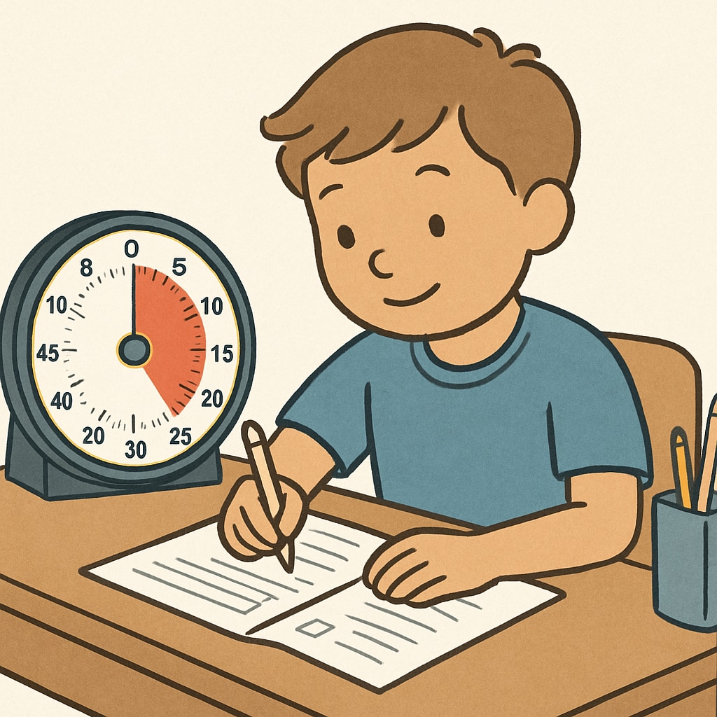 A child using a timer to complete a homework task, demonstrating time management as part of executive function skills. Child using a timer to practice time management, a key executive function skill.