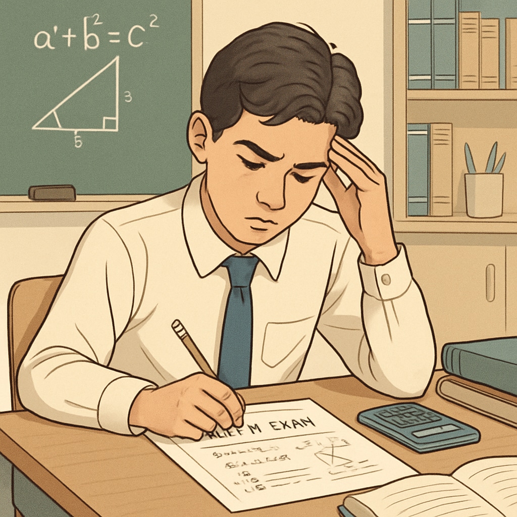 A high school student sitting at a desk, looking at a math exam paper with a thoughtful expression. High school student preparing for a math exam, reflecting on multiple-choice questions.