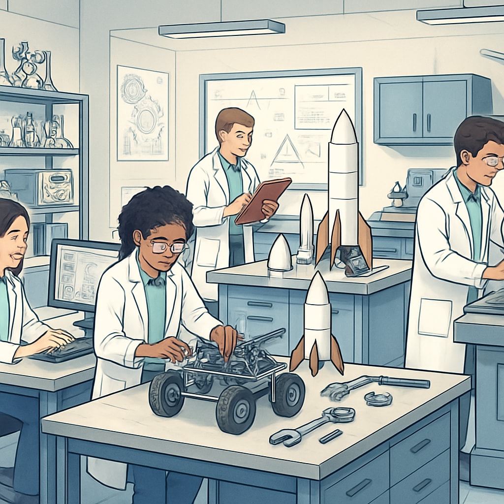 A university engineering lab where students are conducting research and development, emphasizing advanced education and innovation. Engineering students conducting research in a university lab