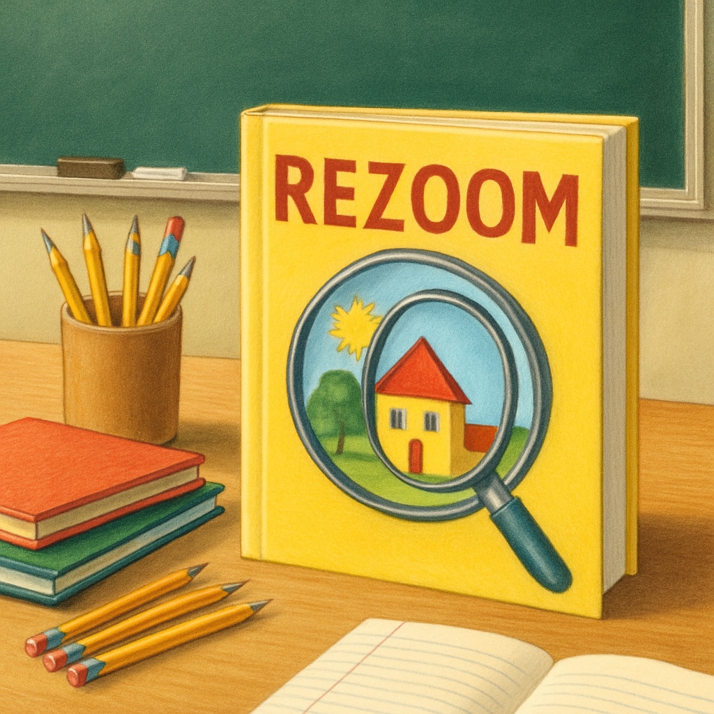 A Zoom or ReZoom book cover placed on a teacher's desk during a lesson. Zoom and ReZoom book cover used during teaching activities.